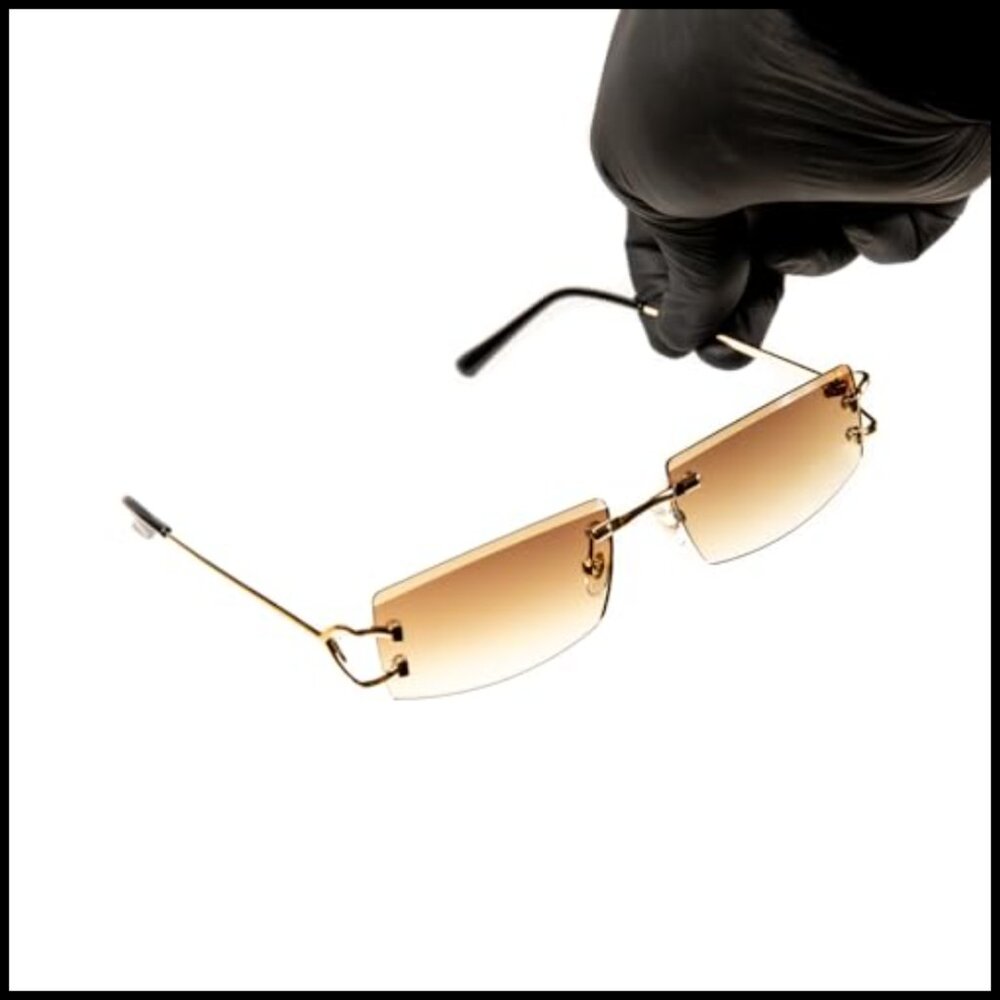Retro Slim Rectangular Sunglasses Gold Frame Riml… - image 4